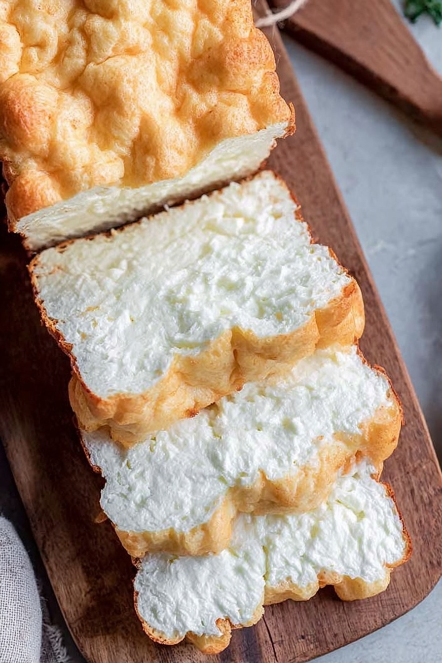 The finished keto egg loaf, sliced thick on a wooden board, ready to be made into keto French toast