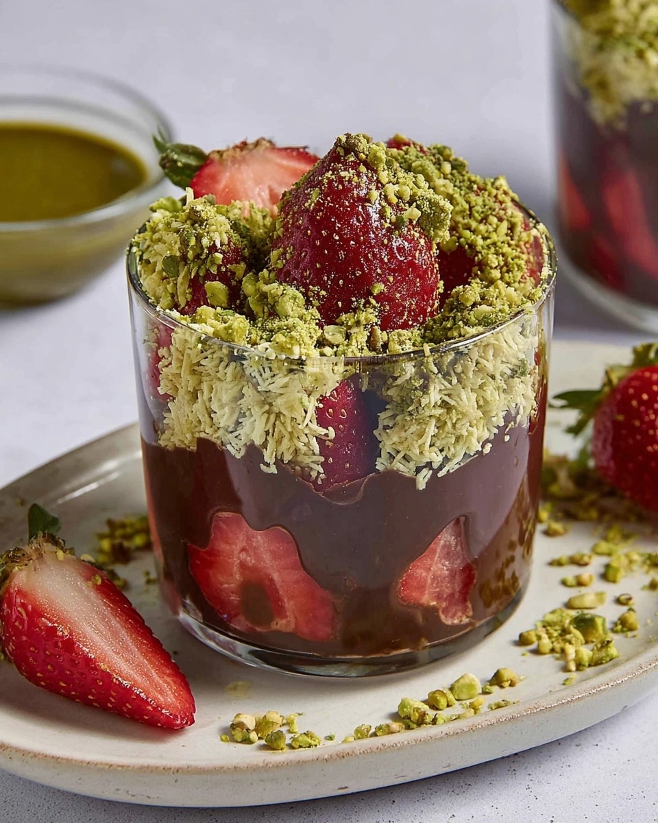 A close-up of a Dubai chocolate strawberry dessert served in a clear glass. Layers of fresh strawberries and rich, dark chocolate are topped with a layer of crispy kataifi and a generous amount of ground pistachios, with a whole strawberry on top.