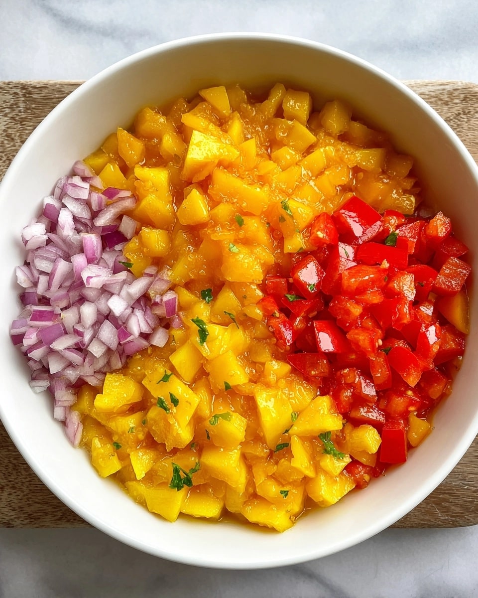 Freshly diced ingredients for Mango Habanero Salsa—including vibrant mango, red bell pepper, red onion, and cilantro—artfully arranged in a white bowl before mixing