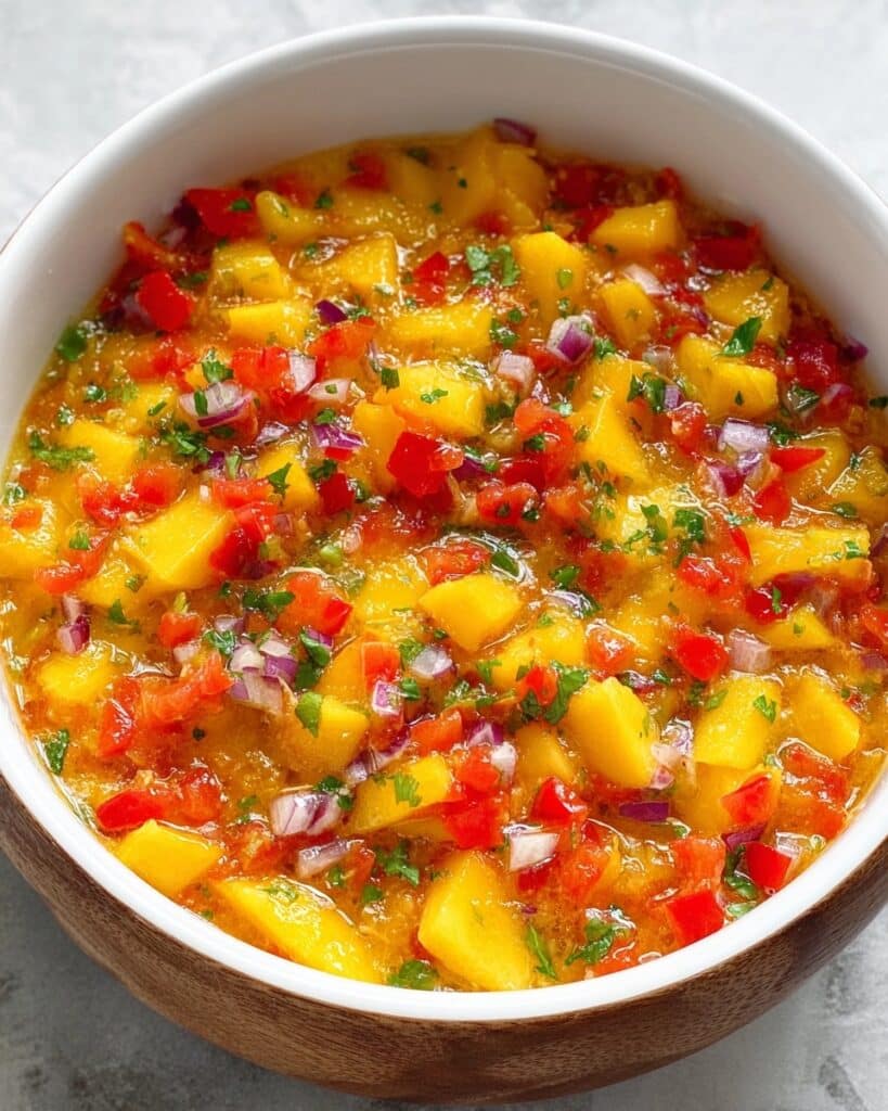 Vibrant Mango Habanero Salsa in a wooden bowl, showcasing fresh diced mango, red bell pepper, red onion, and cilantro – a delicious homemade salsa recipe