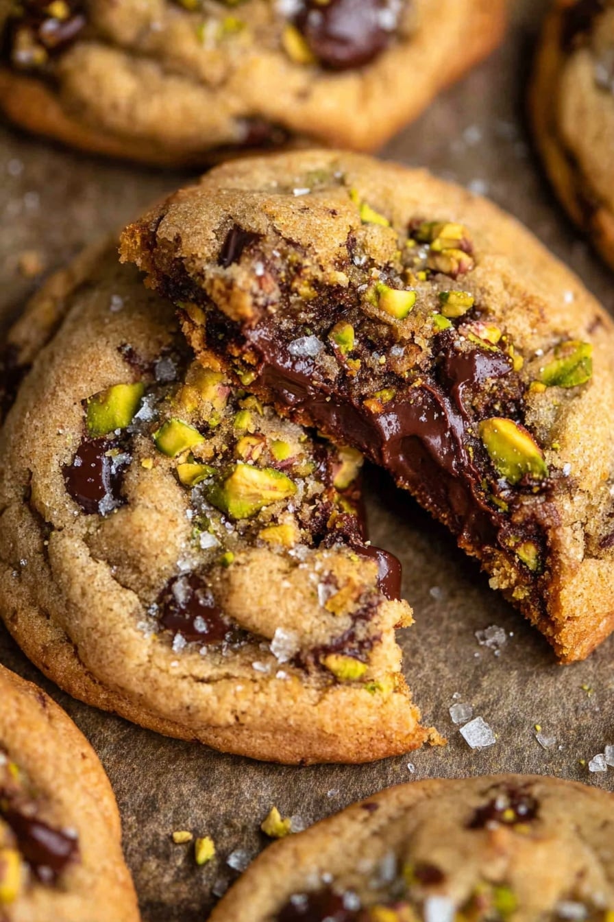 A close-up of a pistachio chocolate chip cookie broken to show the melted chocolate interior.