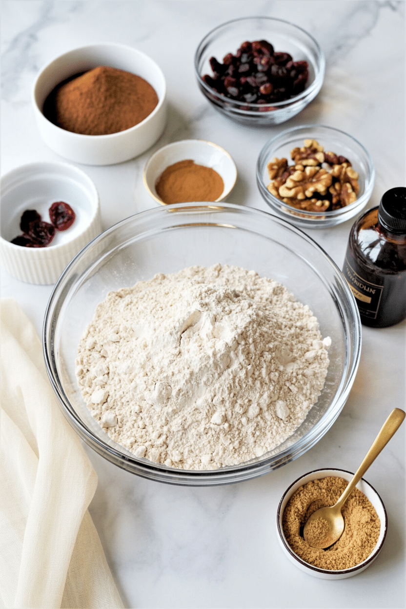 Fresh ingredients for making homemade cranberry bread, including flour, cranberries, walnuts, and an orange, arranged on a countertop