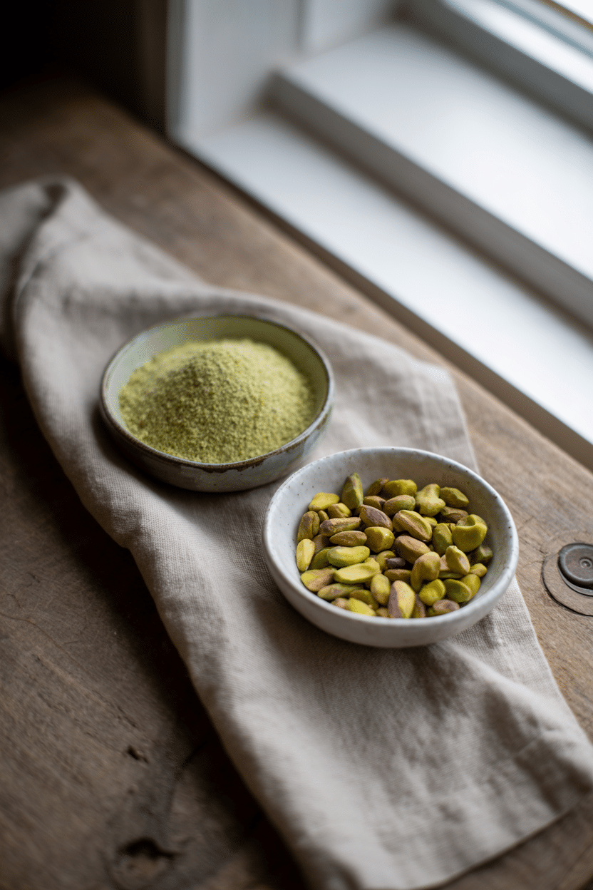 Two preparations of pistachios for cookies: fine crumbs and rough chunks