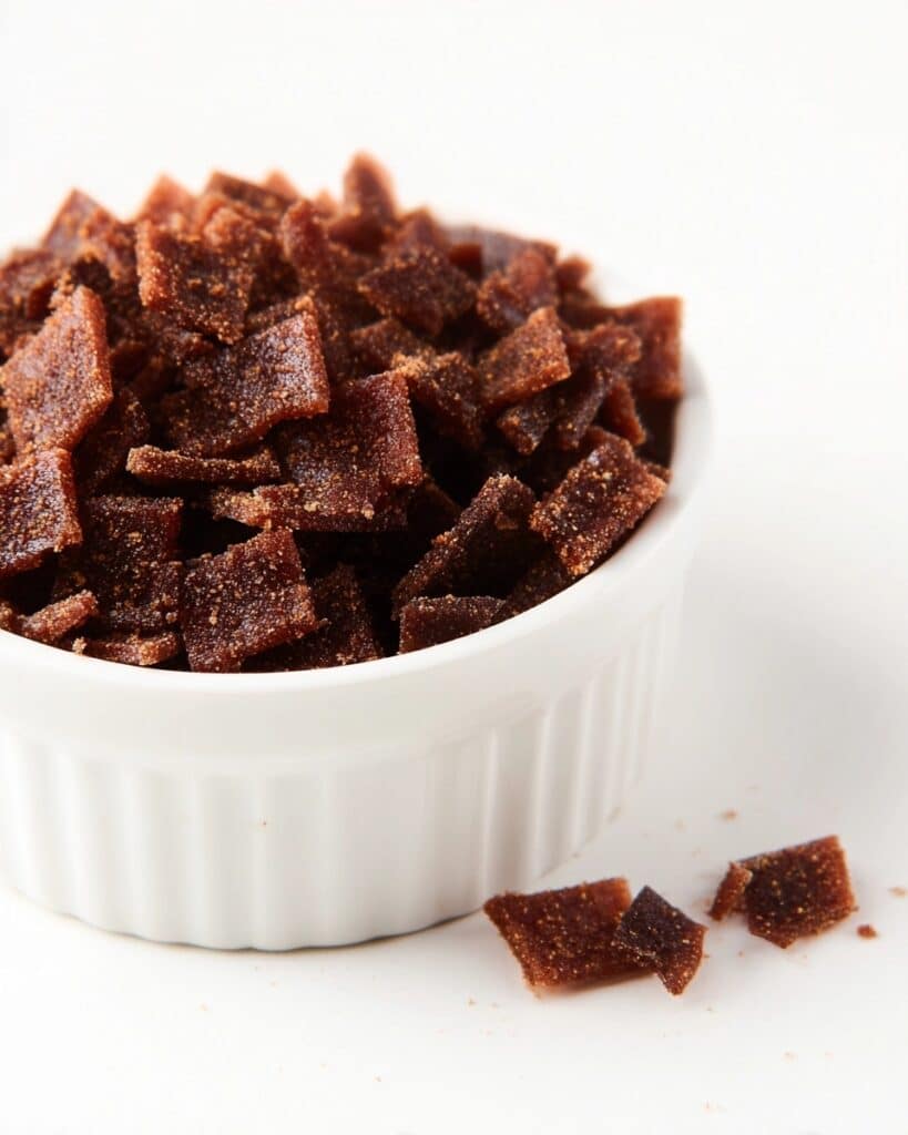 A white ribbed bowl overflowing with dark brown homemade Cinnamon Chips, with a few pieces scattered on the white surface in front of the bowl.