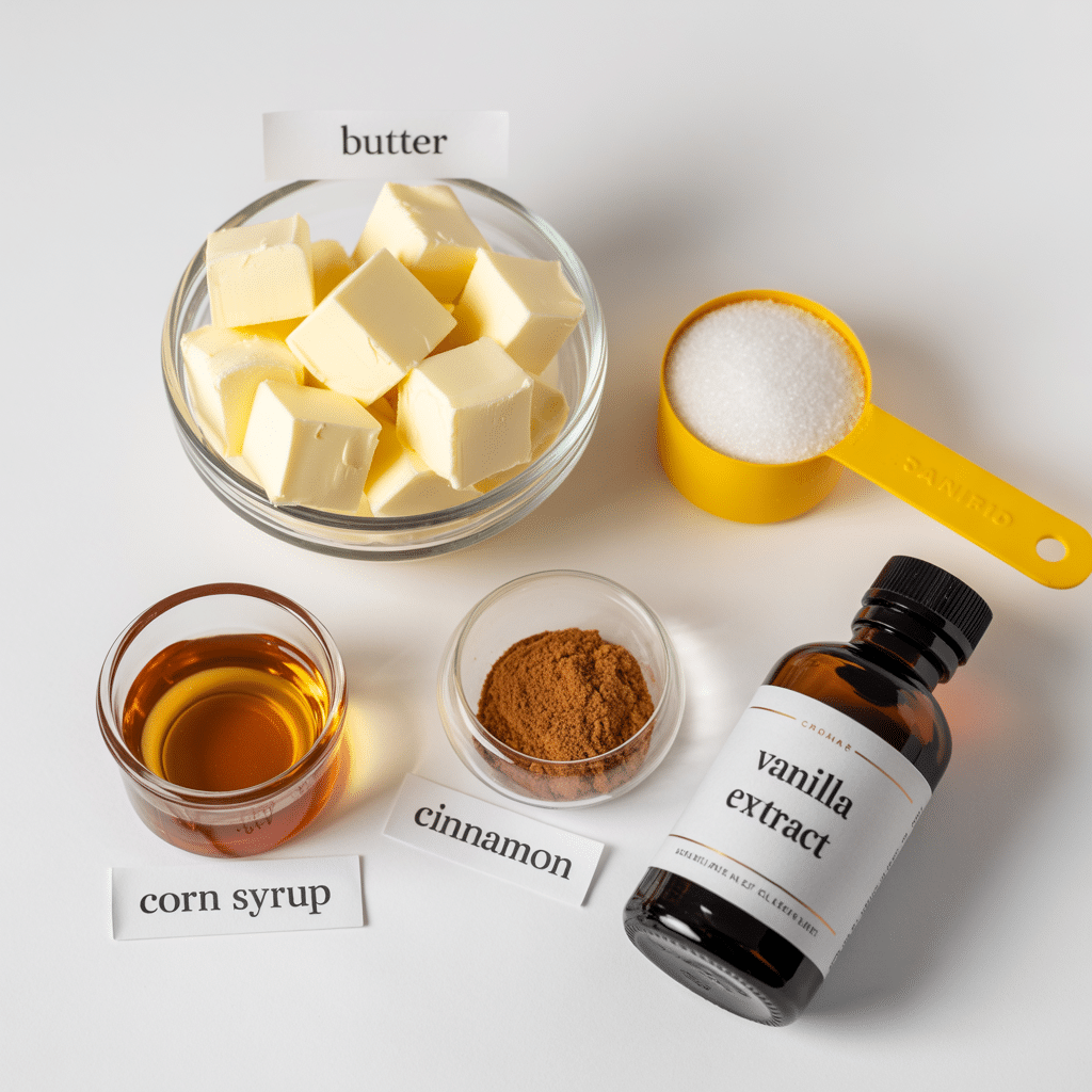 Flat lay of baking ingredients on a white background: a bowl of cubed butter, a measuring spoon of granulated sugar, a bottle of vanilla extract, a bowl of ground cinnamon, and a bowl of corn syrup, with clear labels.