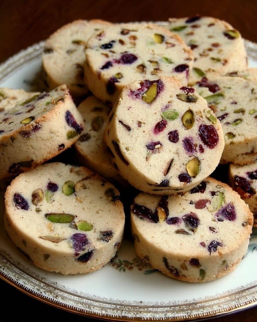 A pile of thick-cut cranberry pistachio shortbread cookies stacked on a decorative vintage plate, highlighting the green pistachios and red cranberries within the buttery cookie.