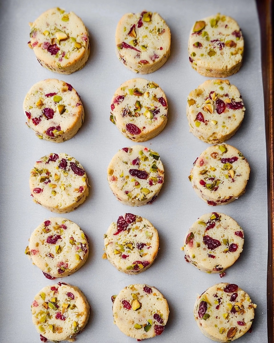 cranberry-pistachio-shortbread-cookies-recipe Overhead shot of uncooked cranberry pistachio shortbread cookie rounds arranged in neat rows on a parchment-lined baking sheet, ready to be baked.