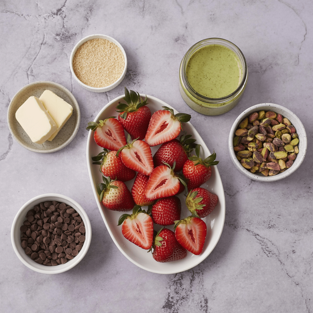 A flat lay of ingredients for Dubai chocolate strawberries on a grey marble background. A central dish of fresh strawberries is surrounded by bowls containing chocolate chips, butter, pistachios, pistachio cream, and shredded kataifi dough