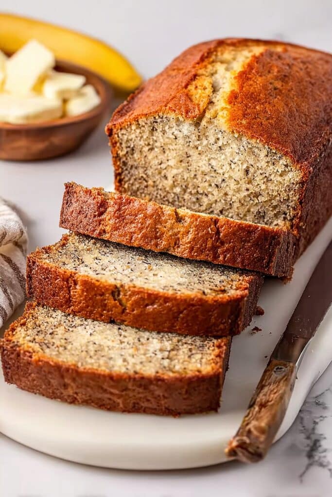 A loaf of easy and healthy banana bread, with three slices cut and displayed on a white cutting board. A bowl of butter and a whole banana are visible in the background.