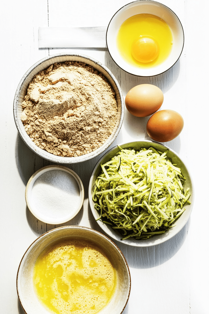 A flat lay of ingredients for keto zucchini bread arranged on a white surface, including a large bowl of almond flour, a bowl of shredded zucchini, eggs, melted butter, and sweetener.