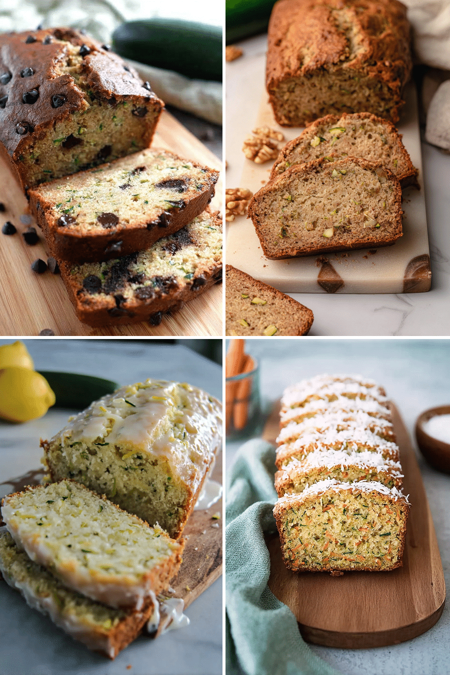 A collage of four images showing different zucchini bread variations: one with chocolate chips, one with walnuts, one with a lemon glaze, and one with carrots and coconut.