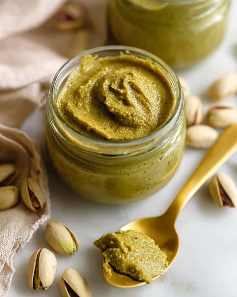 A close-up of a small glass jar filled with creamy homemade pistachio butter, with a golden spoon holding a sample in the foreground. Scattered pistachios surround the jar on a white surface.