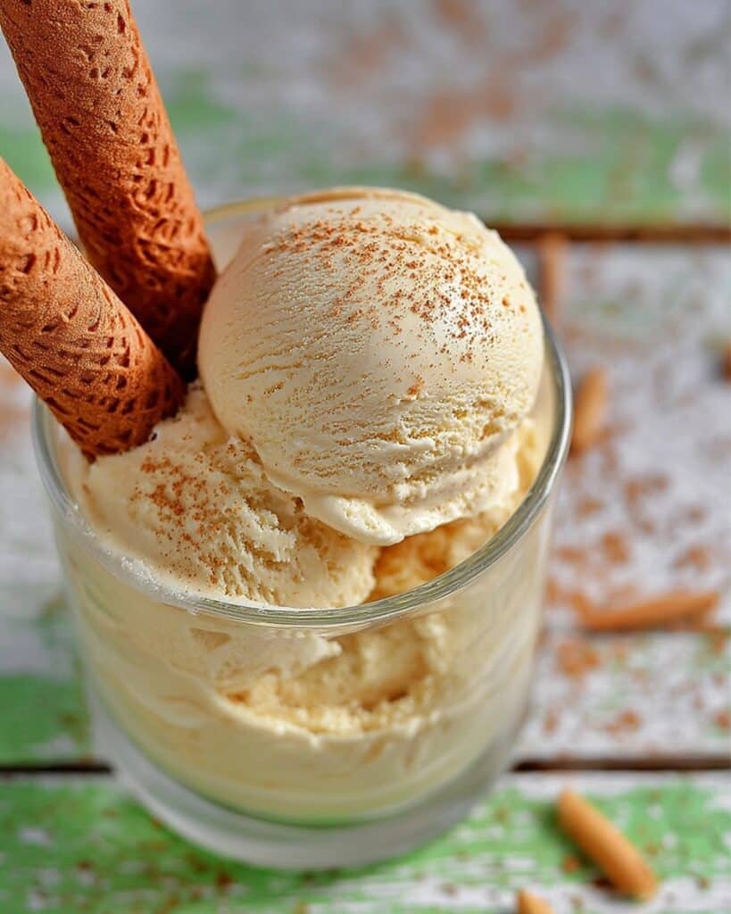 Creamy homemade Horchata Ice Cream served in a clear glass, garnished with a sprinkle of cinnamon and two rolled wafer cookies, on a rustic wooden surface