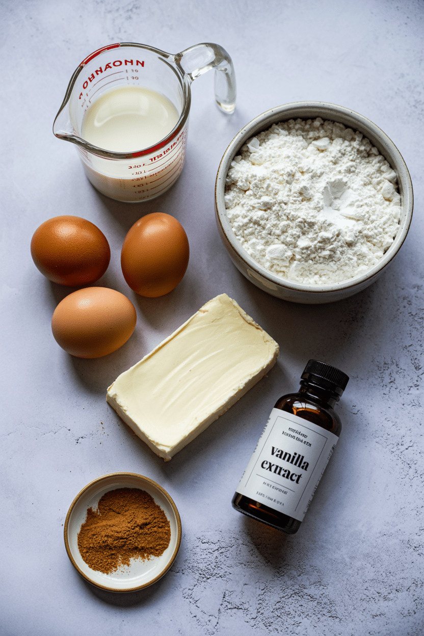 Ingredients for keto French toast, including cream cheese, eggs, and coconut flour, arranged on a counter.