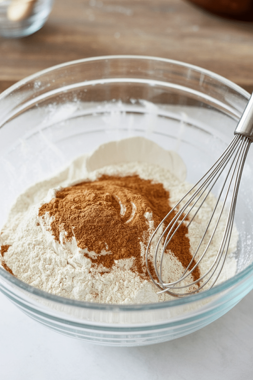 A glass bowl containing the dry ingredients for cranberry walnut bread, including flour and spices, with a whisk ready for mixing