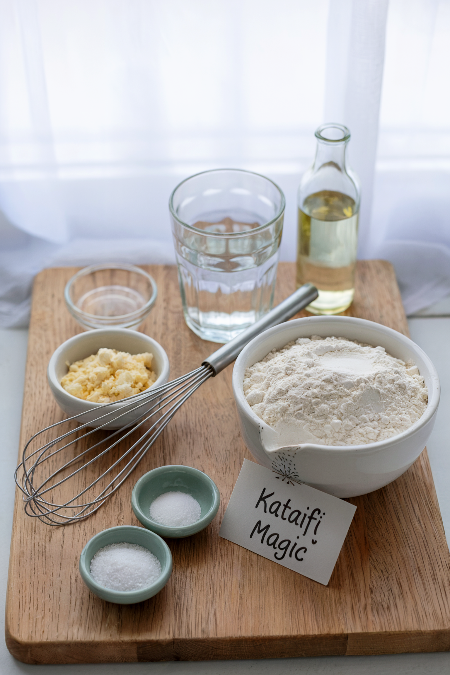 The ingredients for homemade kataifi dough—flour, cornstarch, salt, sugar, water, and oil—are measured into bowls and glasses and arranged on a wooden board with a wire whisk. 