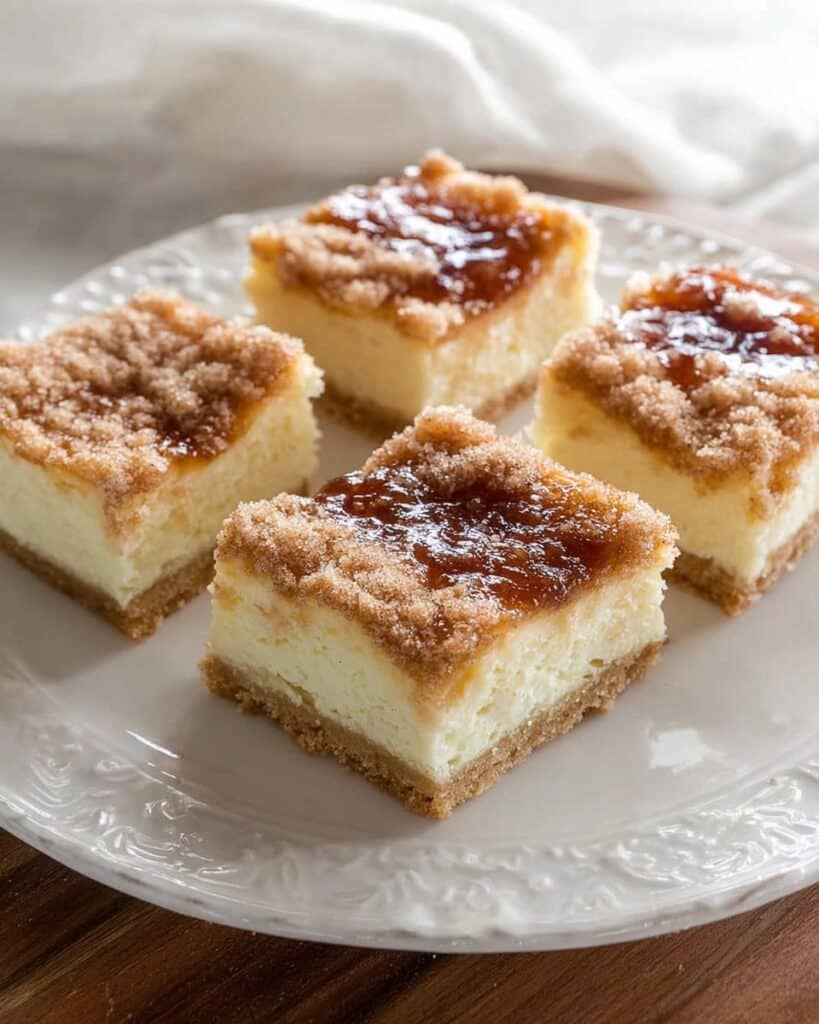 Four golden-brown Mexican cheesecake bars arranged on a white decorative plate, with a visible flaky crust, creamy filling, and cinnamon-sugar topping