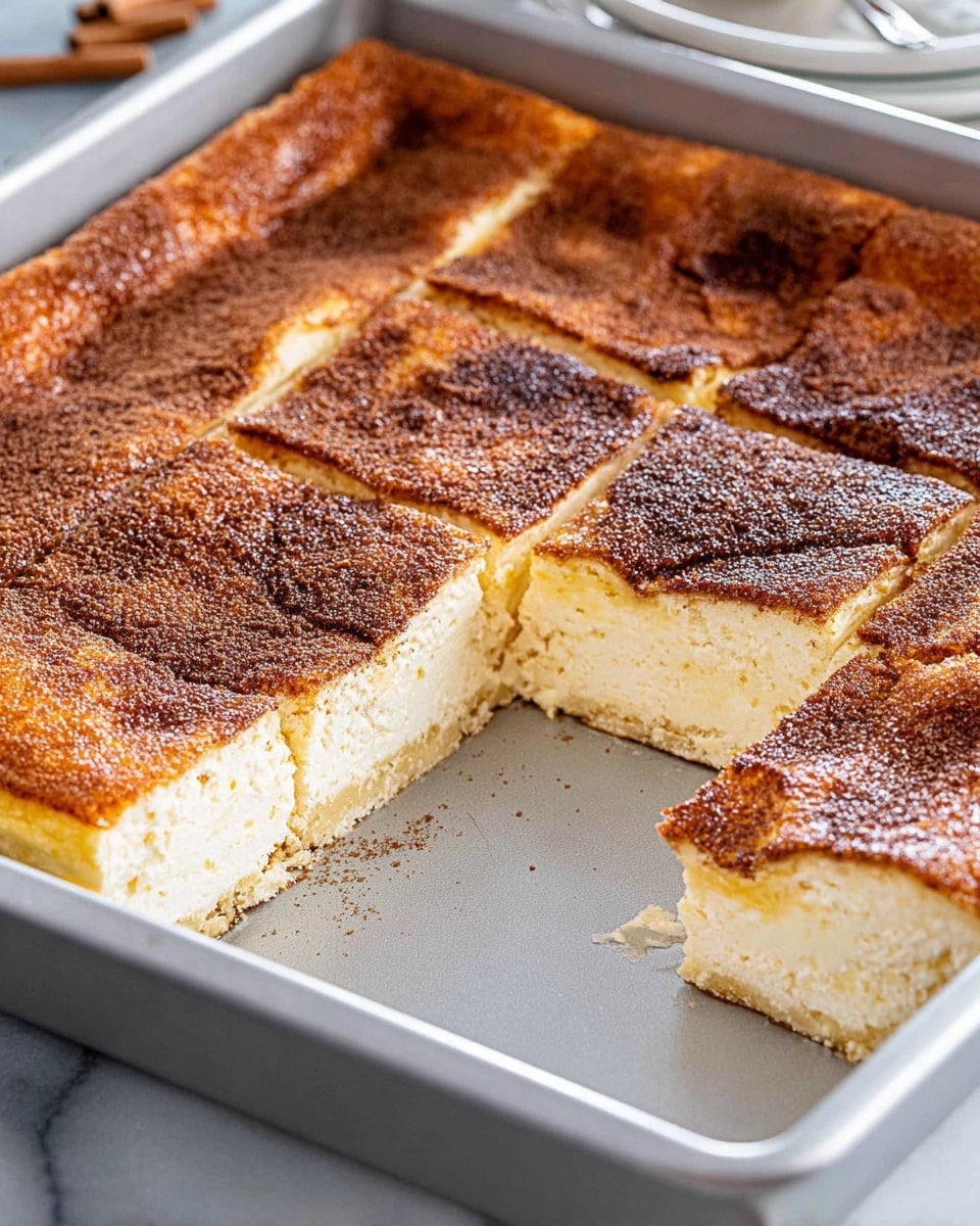 Mexican cheesecake, also known as sopapilla cheesecake, baked in a metal pan and cut into nine squares, revealing a creamy filling and golden-brown cinnamon topping
