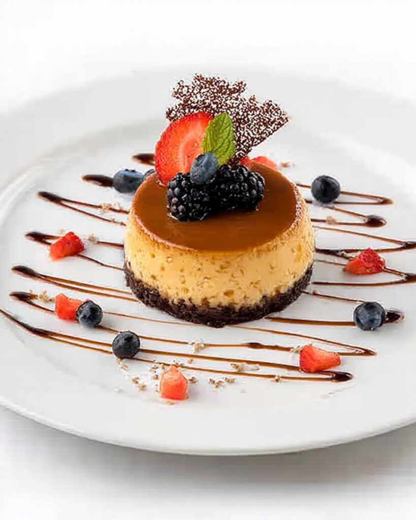 A beautifully presented mini chocoflan on a white plate, featuring a glossy caramel top, creamy flan center, and dark chocolate cake base, garnished with fresh blackberries, blueberries, a strawberry slice, mint, a decorative chocolate piece, and chocolate drizzle.