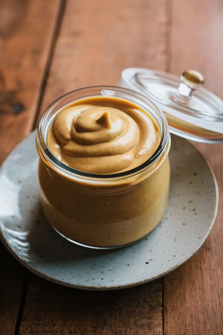 pistachio-cream-recipe A glass jar filled with a smooth, creamy beige spread, featuring a perfect swirl on top. The jar sits on a speckled saucer on a dark wooden table, with its glass lid resting nearby.