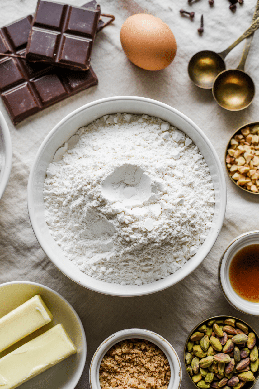 Ingredients for pistachio chocolate chip cookies, including flour, sugar, butter, pistachios, and chocolate