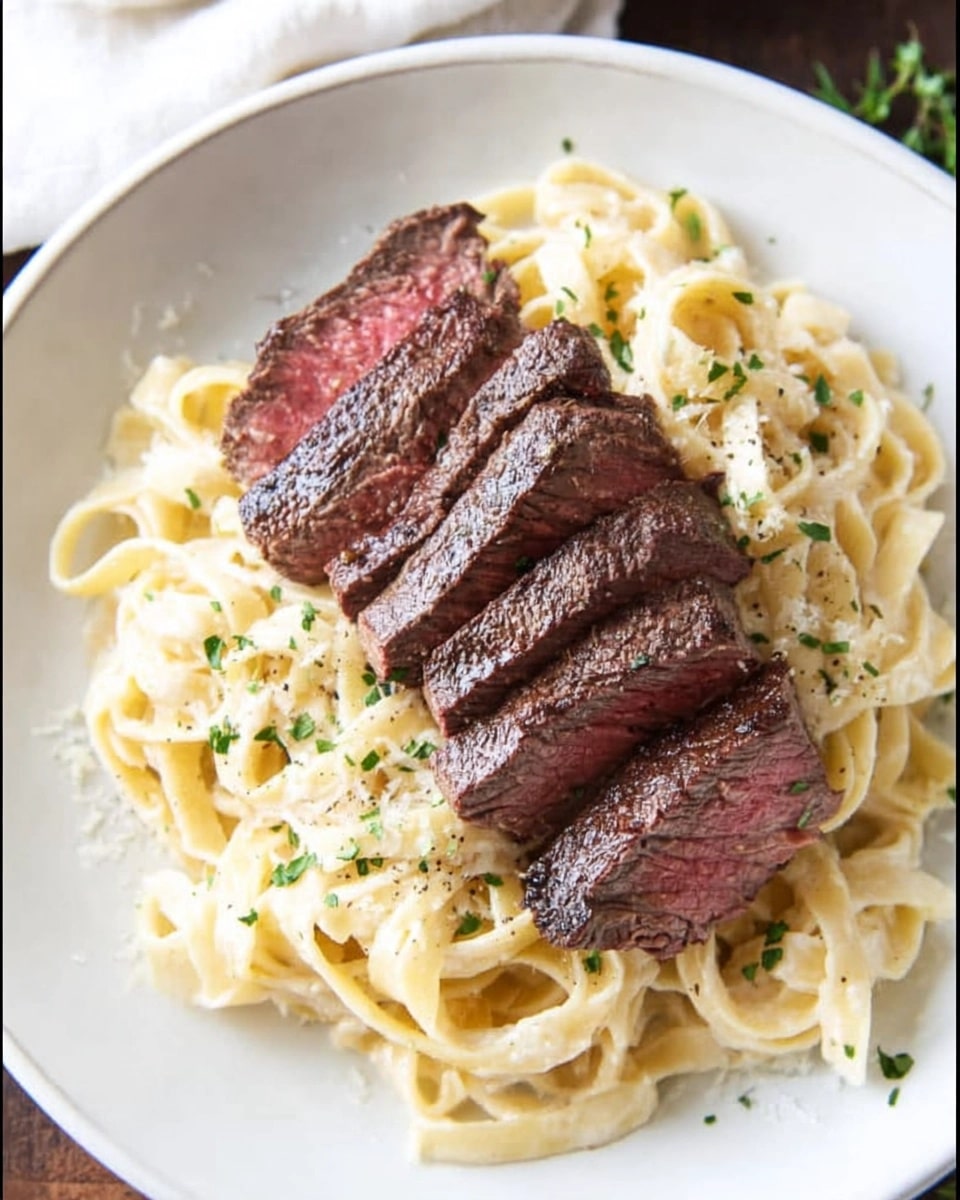 steack-fettuccine-alfredo A close-up overhead shot of a white bowl filled with creamy fettuccine Alfredo, topped with several slices of perfectly cooked medium-rare steak fanned out, garnished with fresh parsley and grated Parmesan cheese