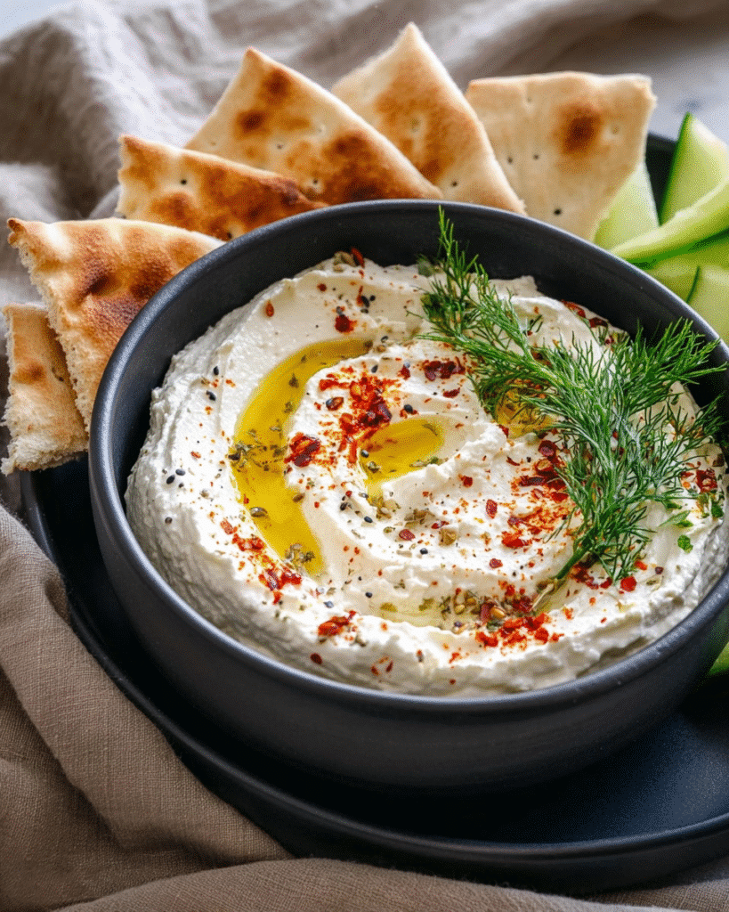 Creamy homemade whipped feta dip in a white bowl, garnished with olive oil and herbs, served with pita bread