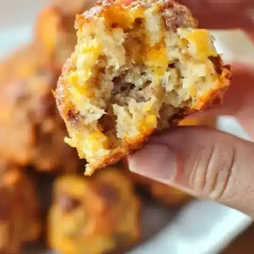 A hand holding a golden-brown Bisquick sausage ball that is broken in half, revealing the fluffy, cheesy interior with bits of sausage.