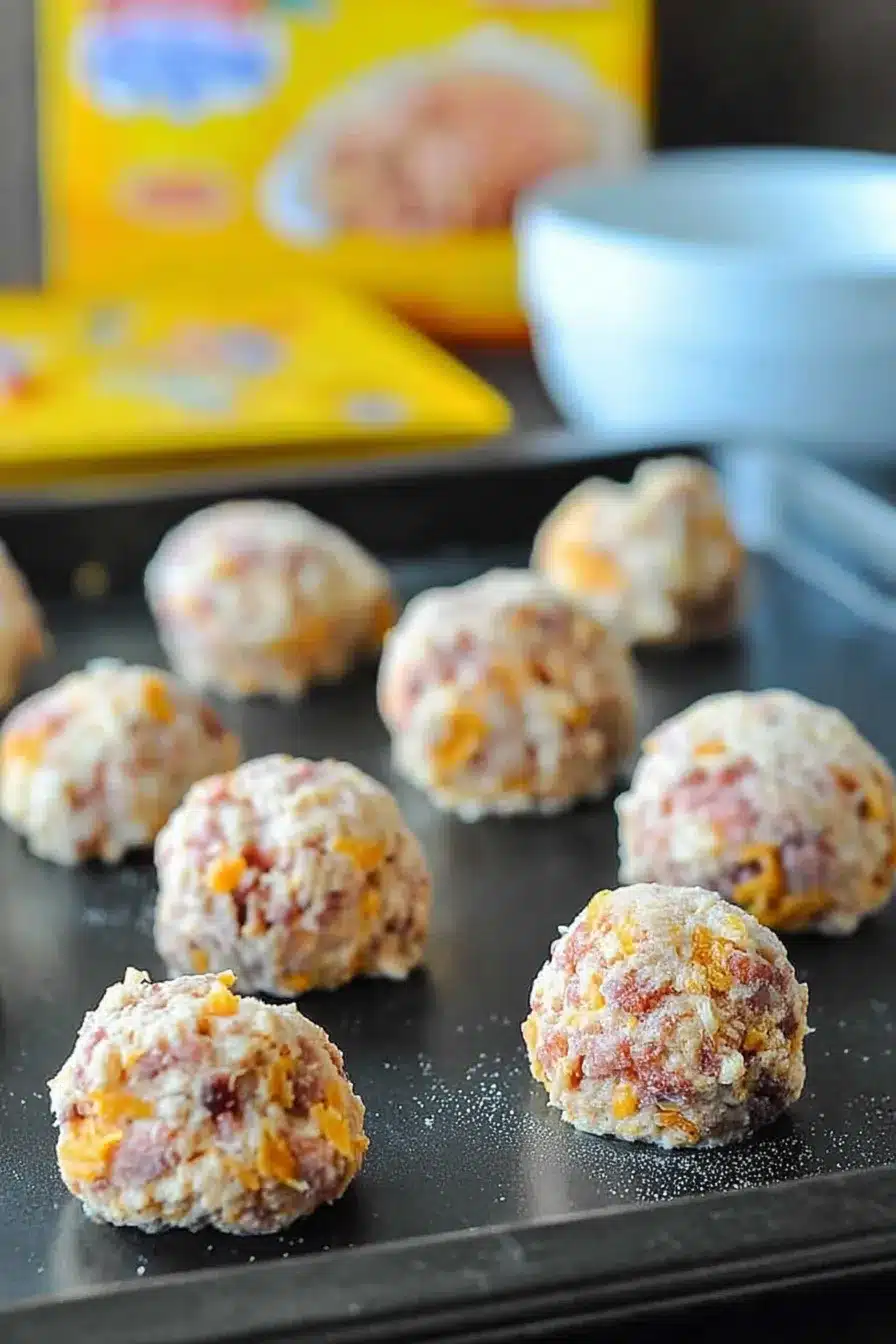 Raw Bisquick sausage balls, showing flecks of sausage and cheddar cheese, arranged on a dark baking sheet and ready for the oven, with a Bisquick box in the background.