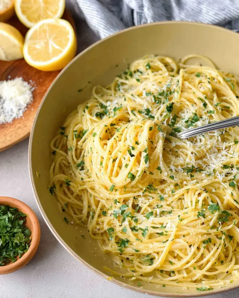 15 Minute Lemon Herb Pasta in a bowl, tossed with parsley, lemon zest, and Parmesan cheese
