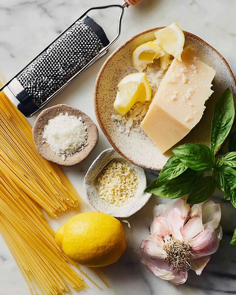 Ingredients for 15 Minute Lemon Herb Pasta: spaghetti, Parmesan cheese block, lemons, fresh basil, and garlic.