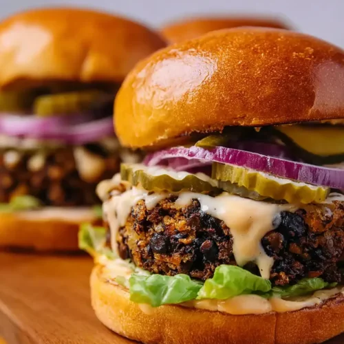 A close-up of the best black bean burger recipe served on a toasted bun, topped with pickles, red onion, and a creamy sauce, showcasing its firm and crispy patty.