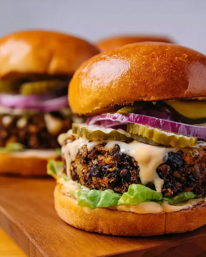 A close-up of the best black bean burger recipe served on a toasted bun, topped with pickles, red onion, and a creamy sauce, showcasing its firm and crispy patty.