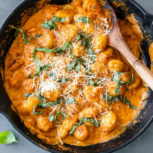 Creamy Tomato Gnocchi in a teal cast iron skillet, topped with fresh basil and Parmesan cheese.