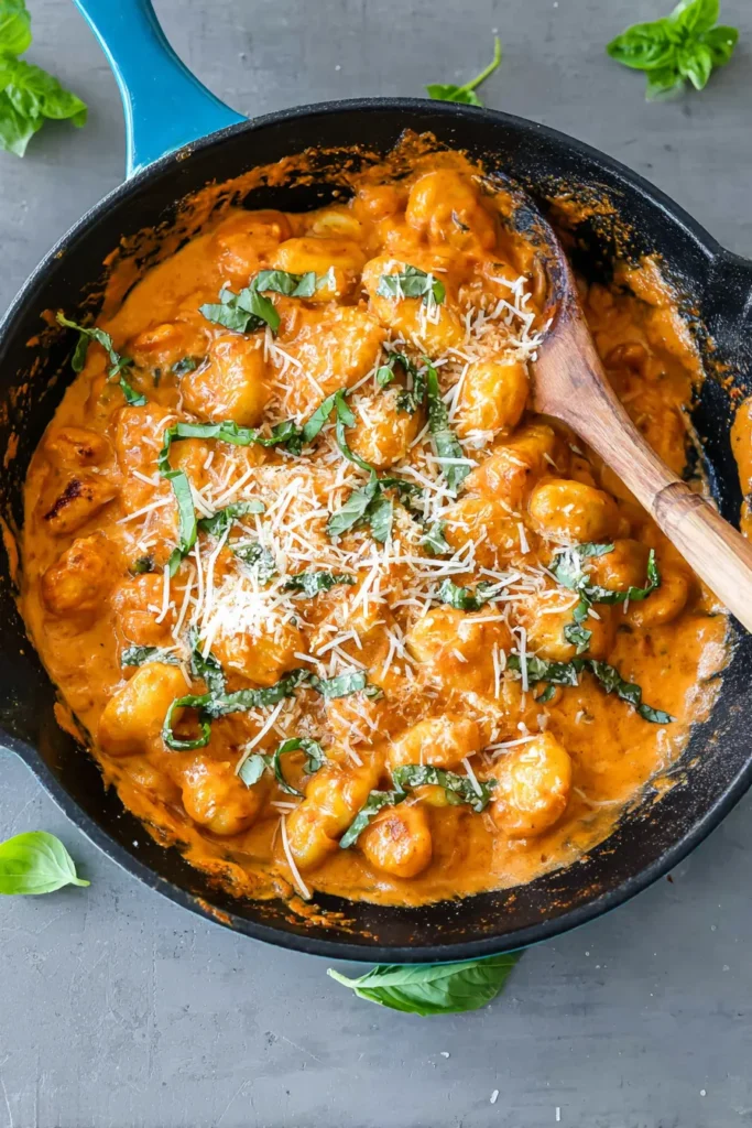 Creamy Tomato Gnocchi in a teal cast iron skillet, topped with fresh basil and Parmesan cheese.