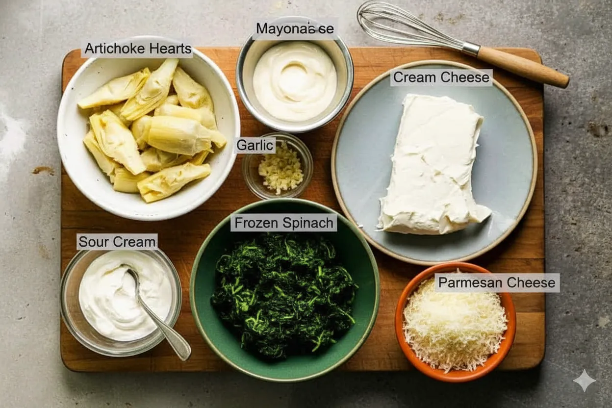 An overhead flat lay of ingredients for spinach artichoke dip, arranged on a wooden cutting board. Each ingredient is in a separate bowl and clearly labeled: Artichoke Hearts, Mayonnaise, Garlic, Cream Cheese, Sour Cream, Frozen Spinach, and Parmesan Cheese.