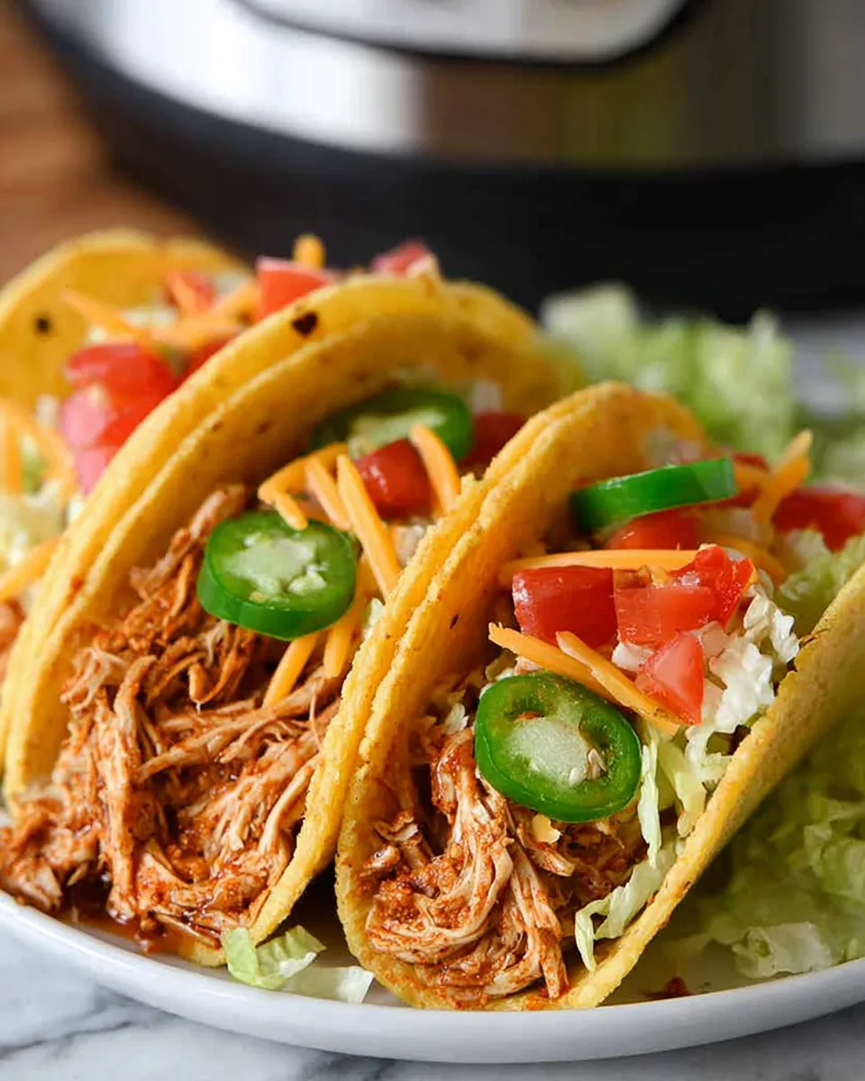 Instant Pot Shredded Chicken Tacos Three vibrant hard-shell tacos filled with Instant Pot shredded chicken, layered with shredded lettuce, cheese, diced tomatoes, and bright green jalapeño slices, arranged on a bed of lettuce with an Instant Pot visible in the blurred background.