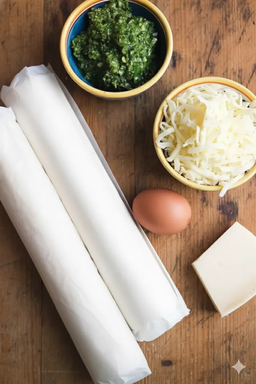 Puff Pastry Christmas Tree Appetizer ingredients_result Alt Text: Overhead flat lay of puff pastry Christmas tree appetizer ingredients on a rustic wooden table: two rolls of puff pastry, a blue bowl of basil pesto, a yellow bowl of shredded mozzarella cheese, a brown egg, and a block of parmesan cheese.