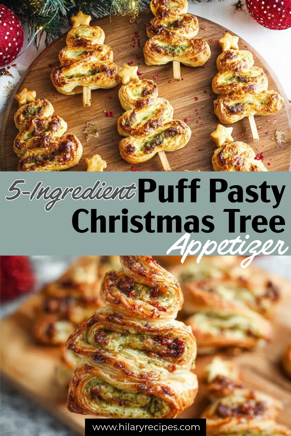 Puff Pastry Christmas Tree Appetizer pin A split-image graphic for a "5-Ingredient Puff Pastry Christmas Tree Appetizer." The top shows several golden-baked pesto and cheese puff pastry trees on skewers, arranged on a rustic wooden cutting board with scattered red pepper flakes and blurred red Christmas ornaments. The bottom shows a close-up of a single, flaky, golden puff pastry tree with visible pesto and melted cheese layers, also on a wooden board,