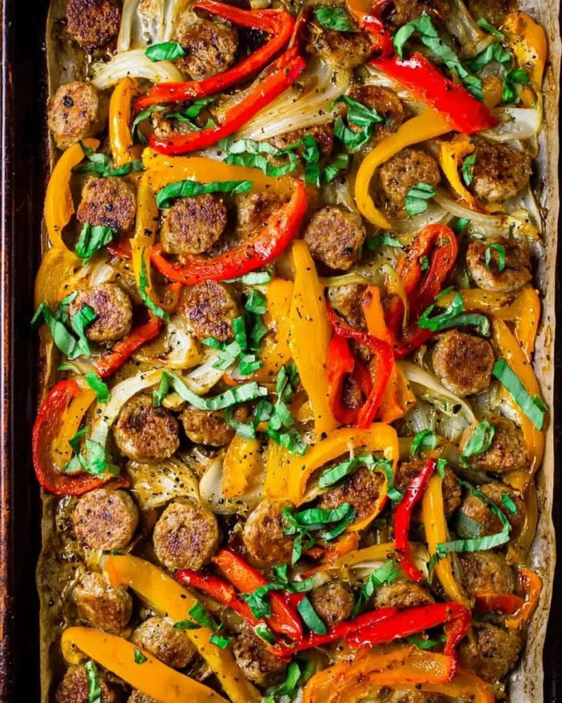Overhead view of sheet pan Italian sausage and peppers with golden-brown sausage rounds, colorful red yellow and orange bell pepper strips, caramelized onions, and fresh basil garnish on parchment-lined baking sheet