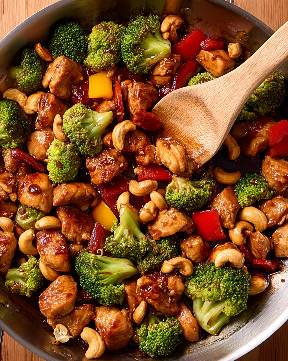Weeknight Chicken Stir A close-up overhead shot of an easy weeknight chicken stir-fry in a skillet, filled with tender chicken, bright green broccoli, red bell peppers, and cashews, all coated in a glossy sauce and being tossed by a wooden spoon.