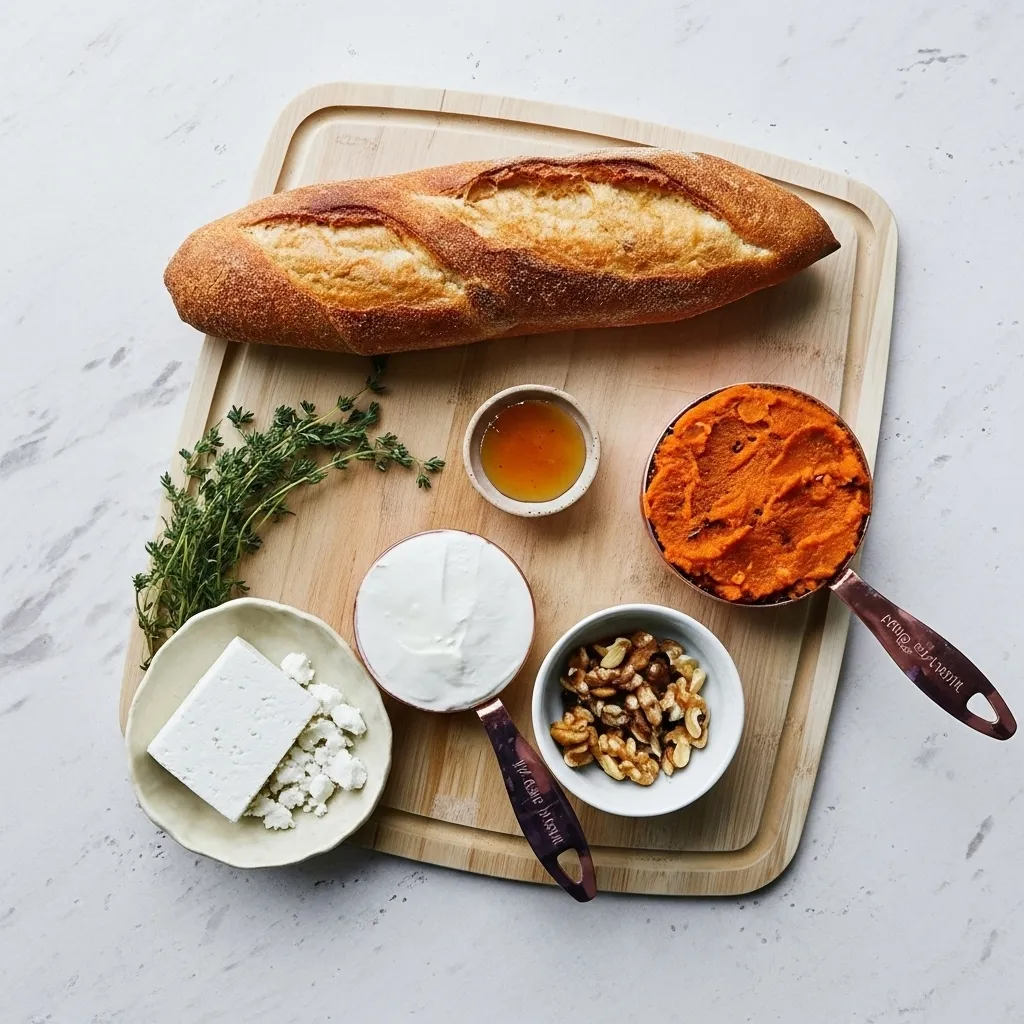 Ingredients for pumpkin whipped feta dip, including a block of feta, Greek yogurt, pumpkin puree, walnuts, honey, fresh thyme, and a baguette, arranged on a wooden cutting board.
