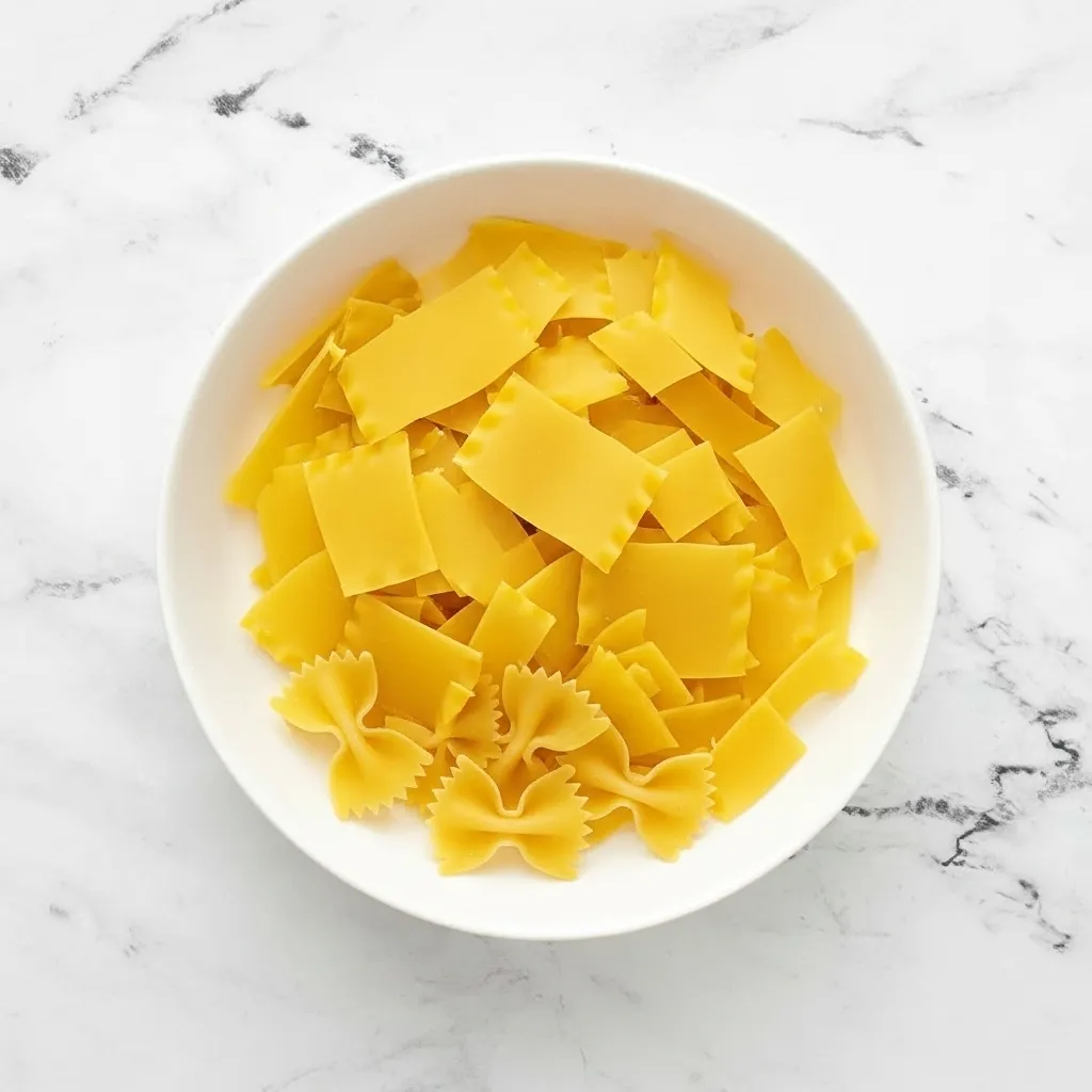 Uncooked broken lasagna noodles and farfalle (bowtie) pasta in a white bowl on a marble counter, suitable for a Skillet Lasagna Recipe.