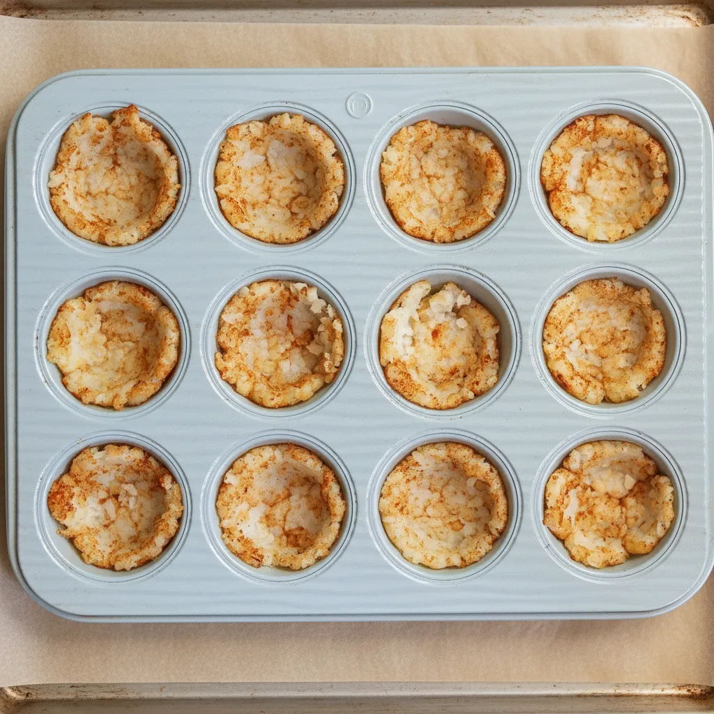 An overhead shot of tater tots pressed into a 12-cup light blue muffin tin, baked into golden-brown cups before filling