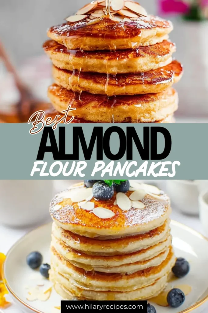A Pinterest Pin graphic for the "Best Almond Flour Pancakes." The top image shows a golden stack of pancakes dripping with syrup; the bottom image shows a fluffy stack topped with blueberries, slivered almonds, and powdered sugar.