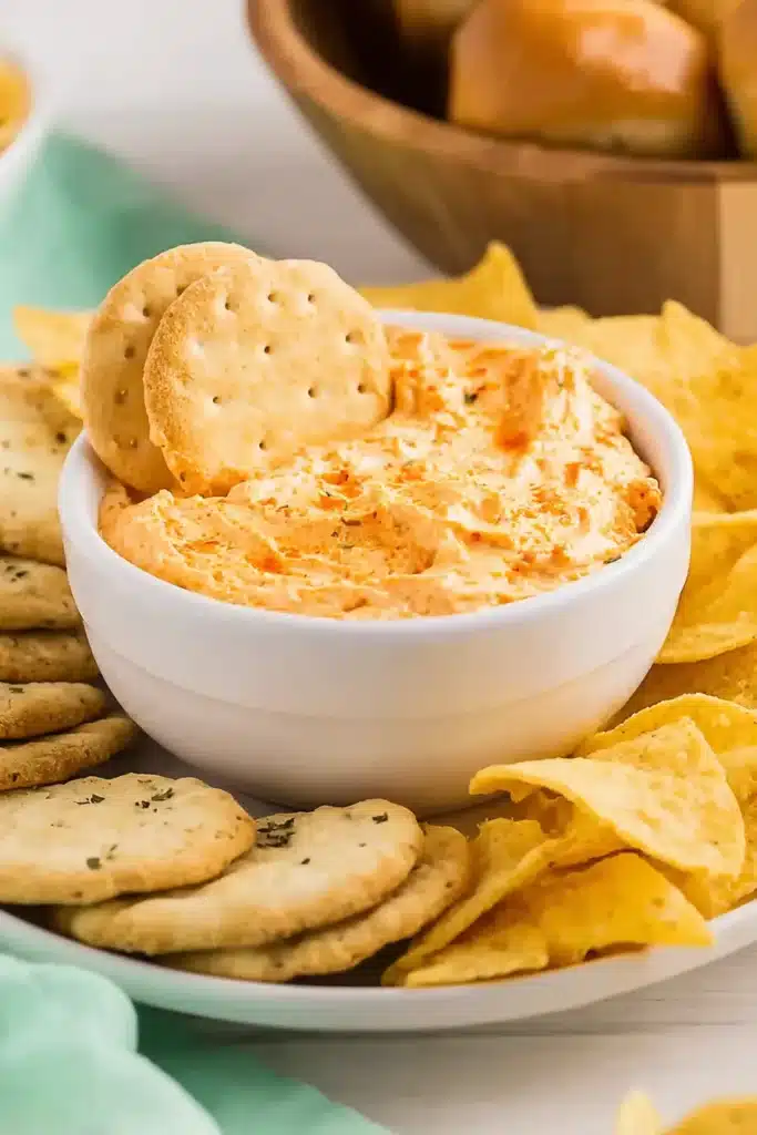 A close-up of a white bowl filled with creamy orange buffalo chicken dip, surrounded by round crackers and tortilla chips for dipping