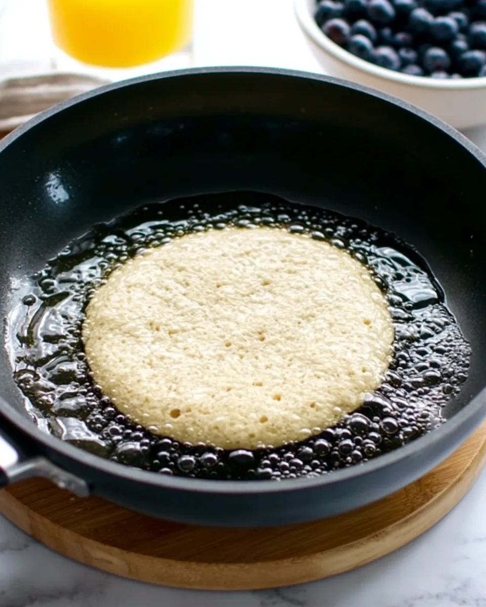 pale almond flour pancake cooking A single, pale almond flour pancake cooking in a black non-stick pan with bubbling oil, with a bowl of blueberries and a glass of orange juice in the background.