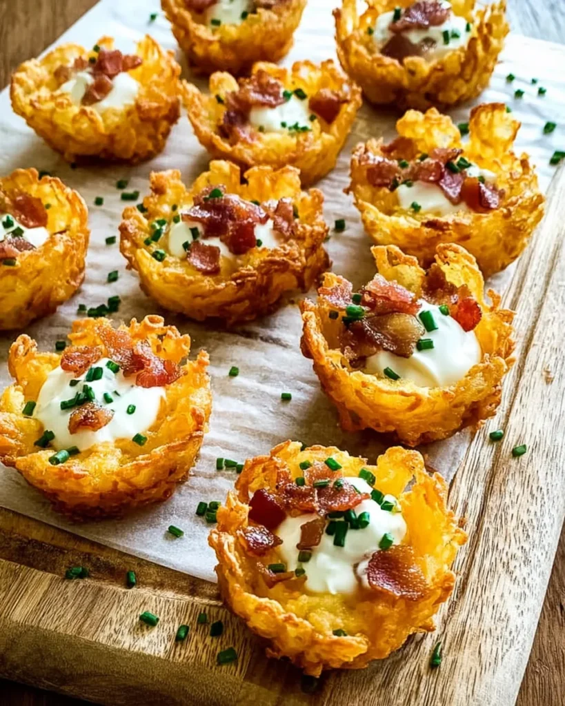 A platter of crispy, golden loaded tater tot bites, filled with sour cream, crumbled bacon, and fresh chives, ready to be served.