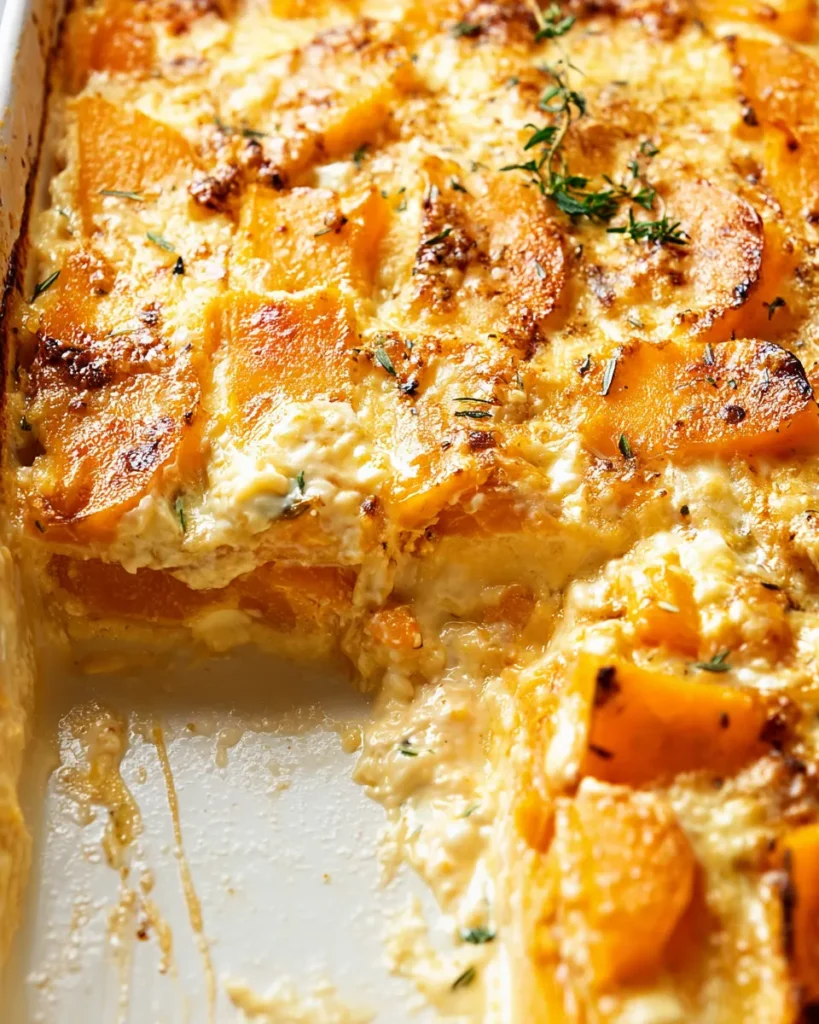 A baked, cheesy butternut squash casserole in a white dish, with a serving scooped out to show the creamy, layered interior.