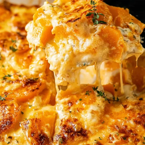 A close-up shot of a spatula lifting a cheesy, layered serving of butternut squash casserole from a baking dish, showing a visible cheese pull.